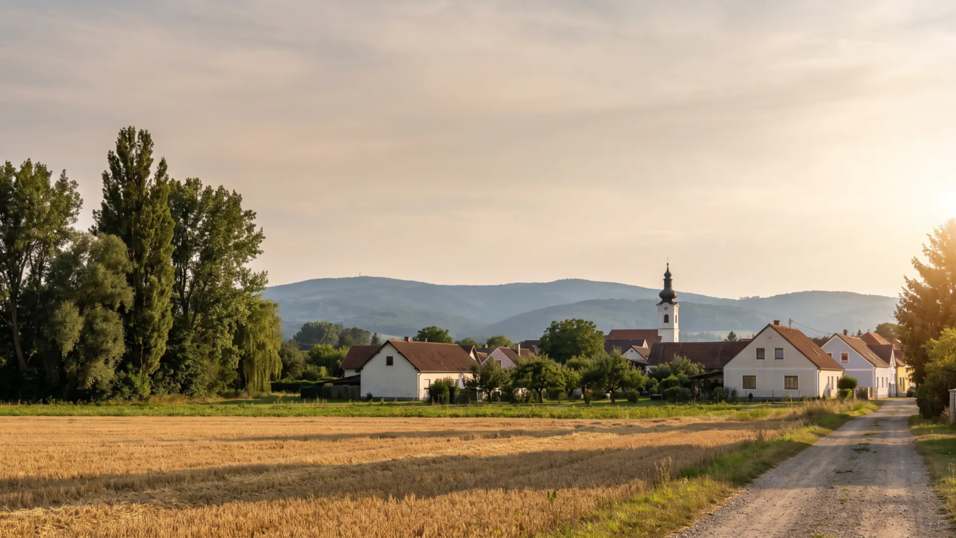 Abendlicht über einem abgeernteten Feld mit Feldweg; dahinter ein Ortsrand mit Einfamilienhäusern, Kirchturm mit Zwiebelhaube, Pappeln am Rand der Au und bewaldete Hügel am Horizont