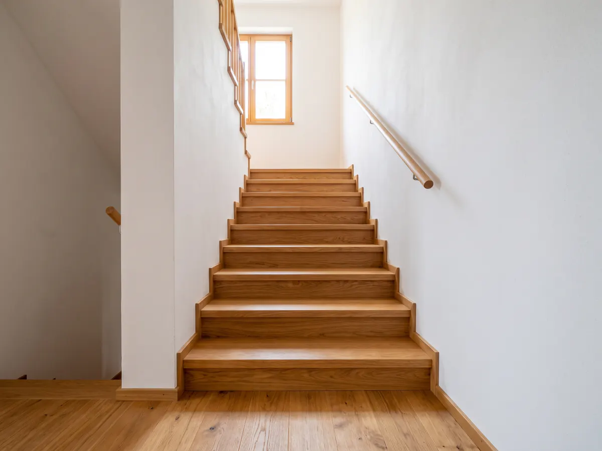 Gerade Holzstiege mit frisch geschliffenen und geölten Eichenstufen, Handlauf und Holzfenster